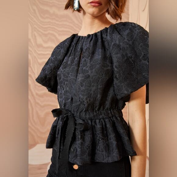 Ulla Johnson black holiday top mirabelle puff sleeve ribbon bow 6 - Picture 1 of 6